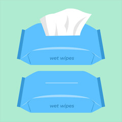 A pack of wet wipes with one wipe pulled out, practical for cleaning the face or wiping hands, flat art design style.
