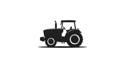 Simple black silhouette of a classic farm tractor on a white background