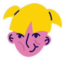 Abstract graphic illustration of a girls face with bright yellow pigtails and a smug playful expression.