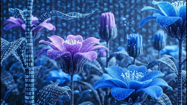 Dynamic digital garden blooms with vibrant blue and purple flowers intertwined with flowing binary code