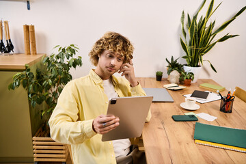 Handsome man enjoying a casual moment while engaging with a tablet in a cozy workspace