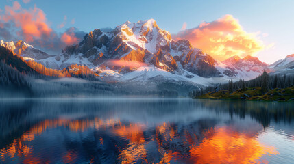 A breathtaking mountain landscape at sunrise, golden light illuminating snowy peaks, reflection in a crystal clear lake