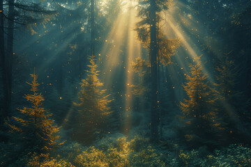  A dense pine forest covered in morning mist with soft light rays shining through the trees