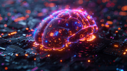 
A futuristic artificial intelligence concept, glowing holographic brain made of digital circuits, neon blue and purple light