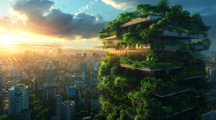 
A futuristic eco city with vertical gardens, solar panels, and wind turbines, green architecture, blue skies, clean energy concept