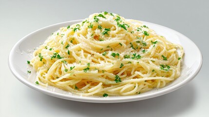 Spaghetti pasta topped with grated cheese and chopped parsley, plated on a white plate