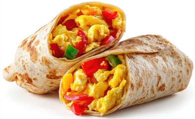 Two halved breakfast burritos filled with scrambled eggs and bell peppers, displayed against a white background