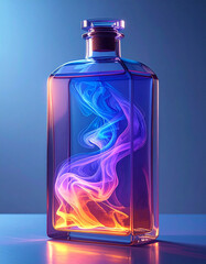 Perfume in Rectangular Bottle with Transparent Liquid with  Swirling Colorful Waves on Blue Background – Artistic Product Visual for Advertising