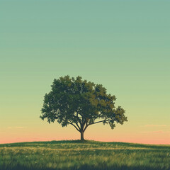 A single tree standing on a vast grass field under a pastel-colored sky