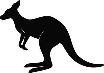 A vector illustration of a running kangaroo with a baby, black silhouette on a white background