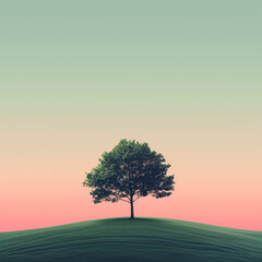 A single tree standing on a vast grass field under a pastel-colored sky