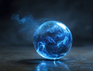 Crystal ball, glowing blue smoke, mystic orb