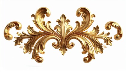 3D render of elegant golden baroque floral ornament with acanthus leaves, swirl and scroll carving, luxury vintage decorative flourish isolated on white background