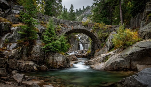 An ancient stone arch bridge spanning a rushing mountain stream, framed by towering pines and autumnal foliage - Powered by Adobe