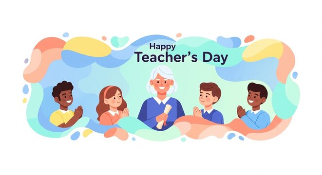 Happy Teacher's Day illustration with children and teacher.