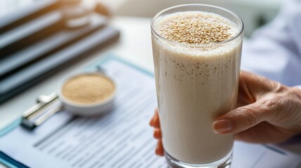 Doctor recommending sesame milk as natural calcium rich vegan option for lactose intolerant patients supporting bone health and wellness