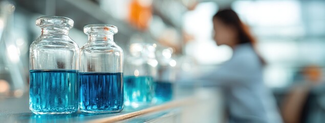 Two clear glass reagent bottles filled with a vibrant blue liquid sit on a lab bench, with a blurred scientist in the background