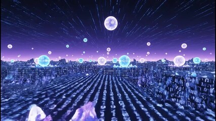 Immersive digital landscape with flowing binary code and glowing spheres, representing data streams and virtual reality. - Powered by Adobe