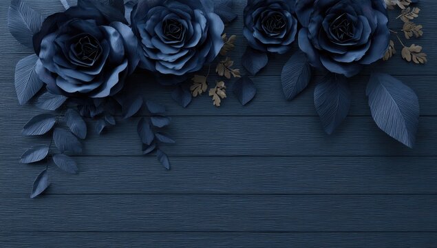 Dark blue floral arrangement on wood - Powered by Adobe