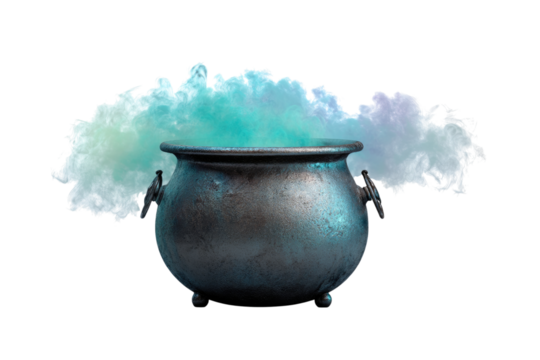 Ancient Witch's Cauldron Emitting Colorful Magical Smoke and Mystery