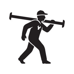 Plumber icon of a worker carrying a large pipe. Handyman or pipefitter silhouette with wrench symbol, logo for plumbing service.

