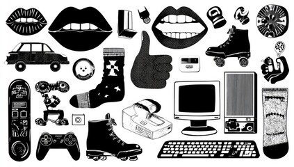 Retro graphic collection of 80s/90s objects.  Silhouettes of various items from that era including cars, lips, socks, roller skates,  gaming controllers, computers, and more.  Black and white style