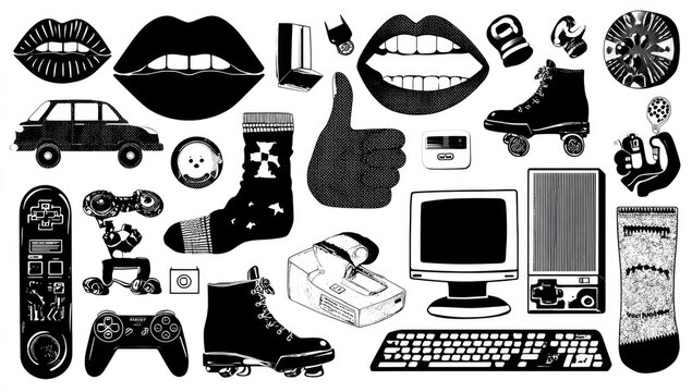 Retro graphic collection of 80s/90s objects.  Silhouettes of various items from that era including cars, lips, socks, roller skates,  gaming controllers, computers, and more.  Black and white style