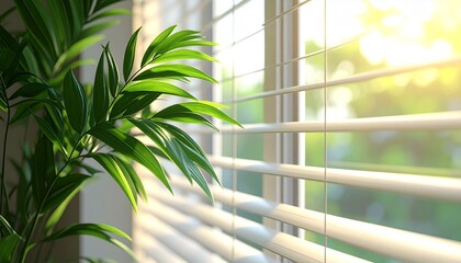 Gentle morning sun highlights a fresh green plant beside window blinds, creating a peaceful, productive environment, perfect visual detail for an open concept office animation