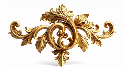 3D render of elegant golden baroque floral and leaf ornaments, luxury vintage decorative flourishes with acanthus and swirl carving isolated on background
