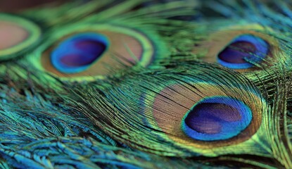 Fototapeta premium Close-up of peacock feathers, showcasing vibrant colors and intricate patterns