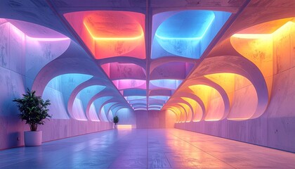 Abstract architectural tunnel illuminated by vibrant neon lights, featuring an open concept office animation with a modern, futuristic ambiance