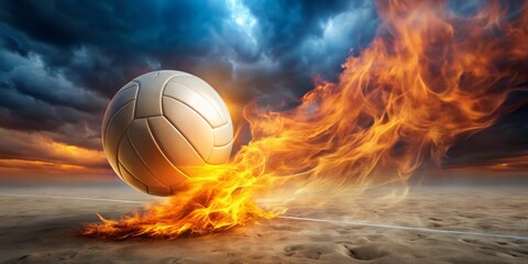 Fototapeta premium Fiery Volleyball Soaring Across a Sandy Court Under a Dramatic Sunset Sky