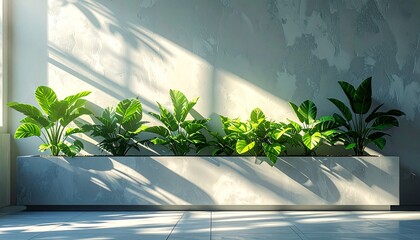 Sunlight casting shadows from lush indoor plants in a minimalist planter, a serene biophilic open concept office animation concept