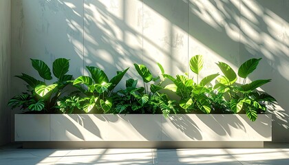Lush green plants thrive in a sunlit planter, enhancing the modern interior design for a serene open concept office animation with natural light and biophilic elements