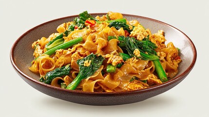 Wide rice noodles, eggs, and green vegetables presented in a brown bowl on white