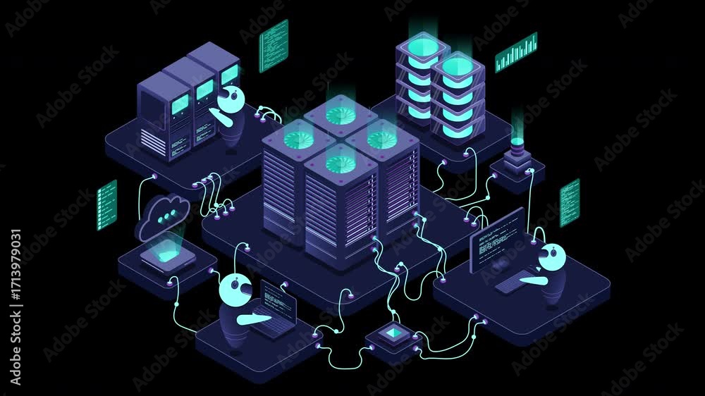 Poster isometric data center or server room animation. data center connection network. cloud storage. isome
