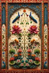 Traditional Thai temple wall painting with a gold ornament and intricate flower patterns