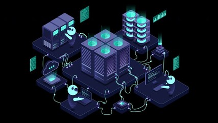 Isometric data center or server room animation. Data center connection network. Cloud storage. Isometric high technology concept. Transparent background with alpha channel - Powered by Adobe