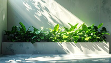Serene indoor planter with lush green foliage bathed in sunlight, a biophilic design element for an open concept office animation