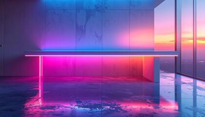 Experience the cutting-edge design of this open concept office animation, where vibrant neon lighting meets a minimalist aesthetic and a breathtaking sunset vista.