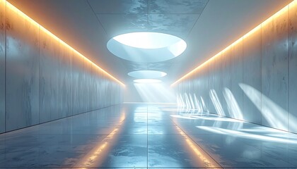 Immersive open concept office animation background futuristic architectural space with concrete aesthetics, natural light shafts, and vibrant illumination