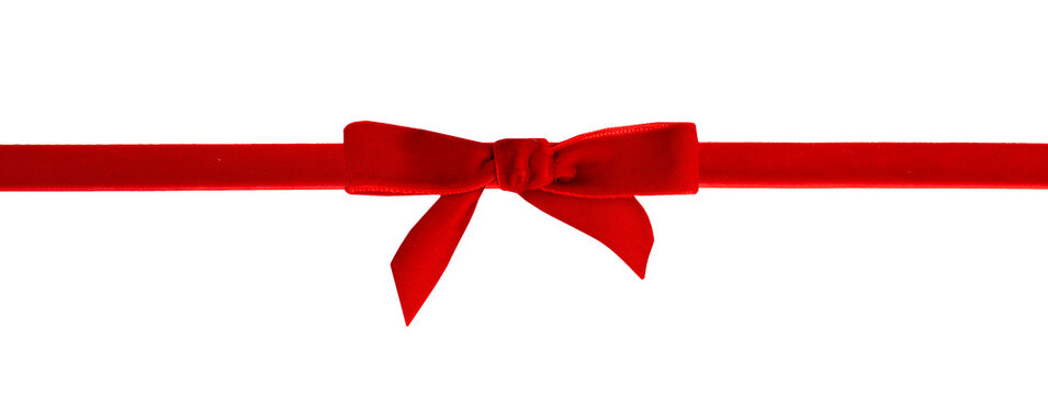 Red velvet bow and ribbon, holiday decor isolated,