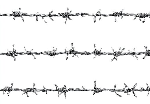 Three parallel rows of barbed wire against a white background.  Detailed illustration of sharp barbs and twisted wire