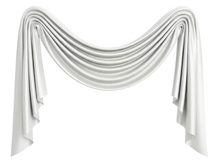 Elegant white silk fabric draped in a decorative curtain swag on a transparent background