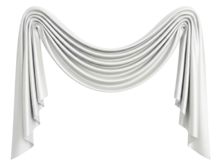 Elegant white silk fabric draped in a decorative curtain swag on a transparent background