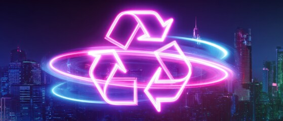 Obraz premium A vibrant neon recycling symbol against a city skyline, conveying themes of sustainability and modernity.