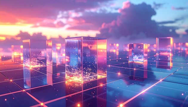 Futuristic city of glass cubes at sunset
