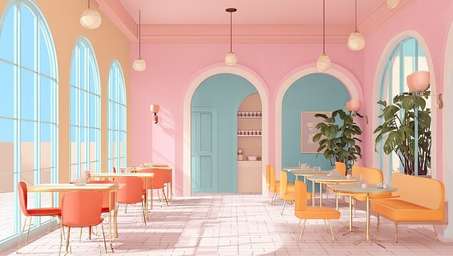 Pastel-toned cafe interior, bathed in sunlight. Archways, large windows,