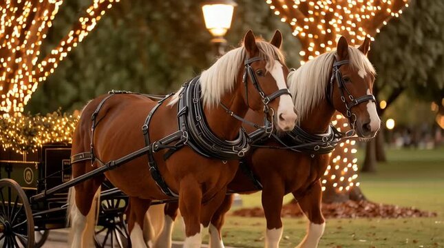 Elegant Horse-Drawn Carriage: Two majestic brown horses with flowing white manes draw a classic carriage, set against a backdrop of shimmering lights.