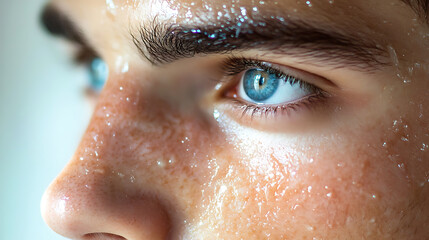 Close up of young man face with clear skin and blue eye, showing detailed skin texture and natural features, with focus on eye and cheek area, conveying freshness and youthfulness